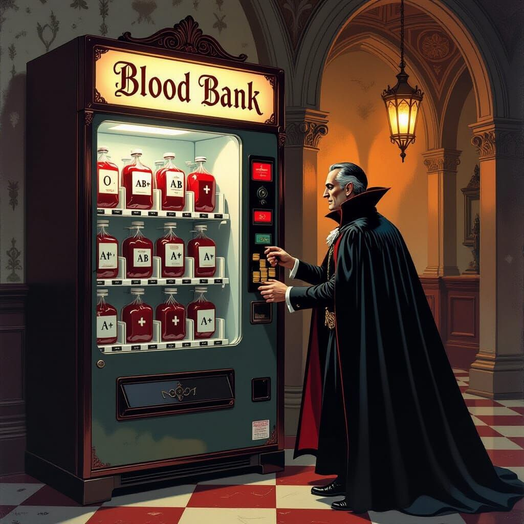 Norman Rockwell Vampire Buys Blood From Vending Machine