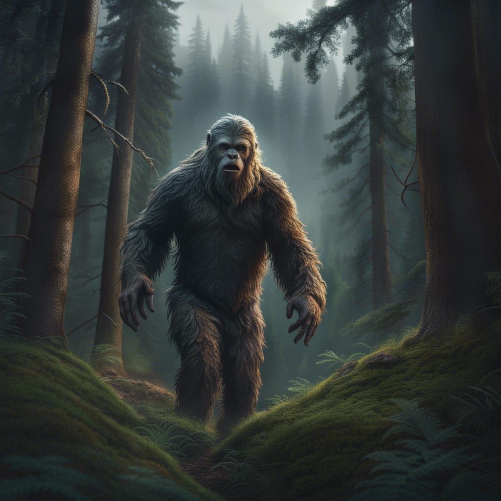 Hyperrealistic Sasquatch Stroll in National Forest