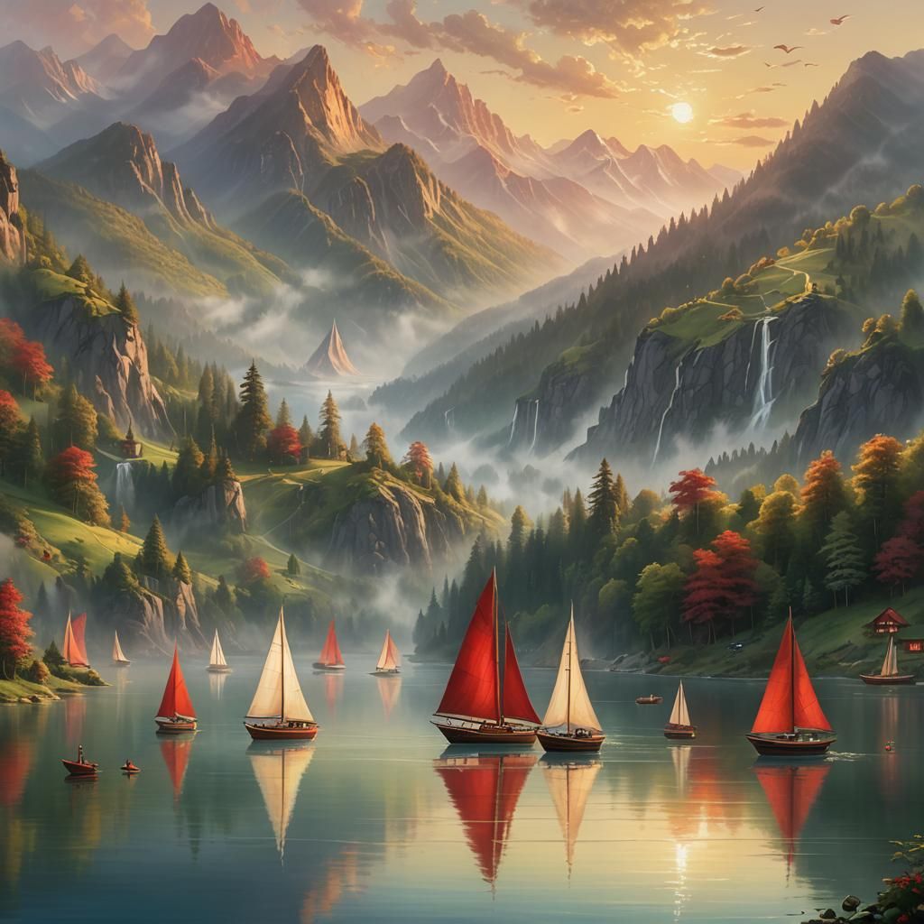 Dreamy Lake Sunset with Red Sails in Kinkade Style