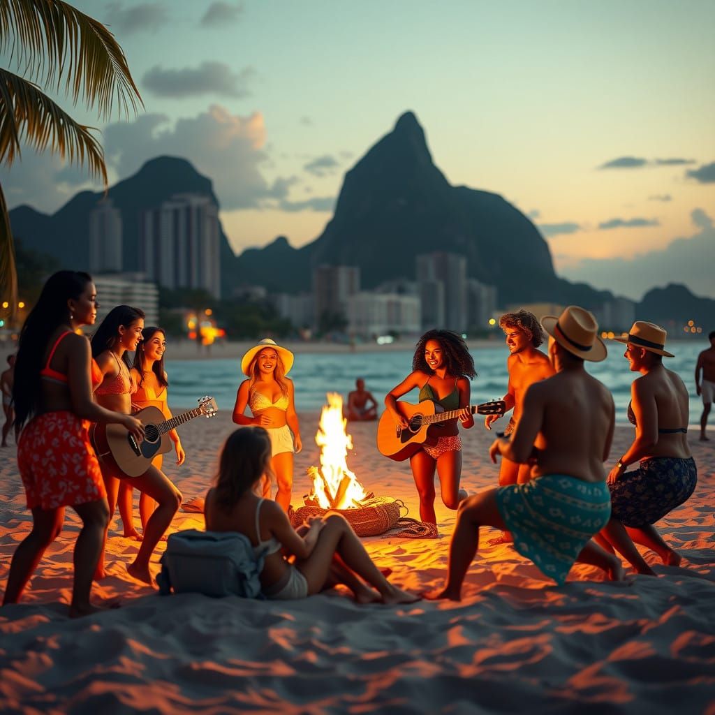 Vibrant Friends Enjoy Beach Holiday with Bonfire and Music o...