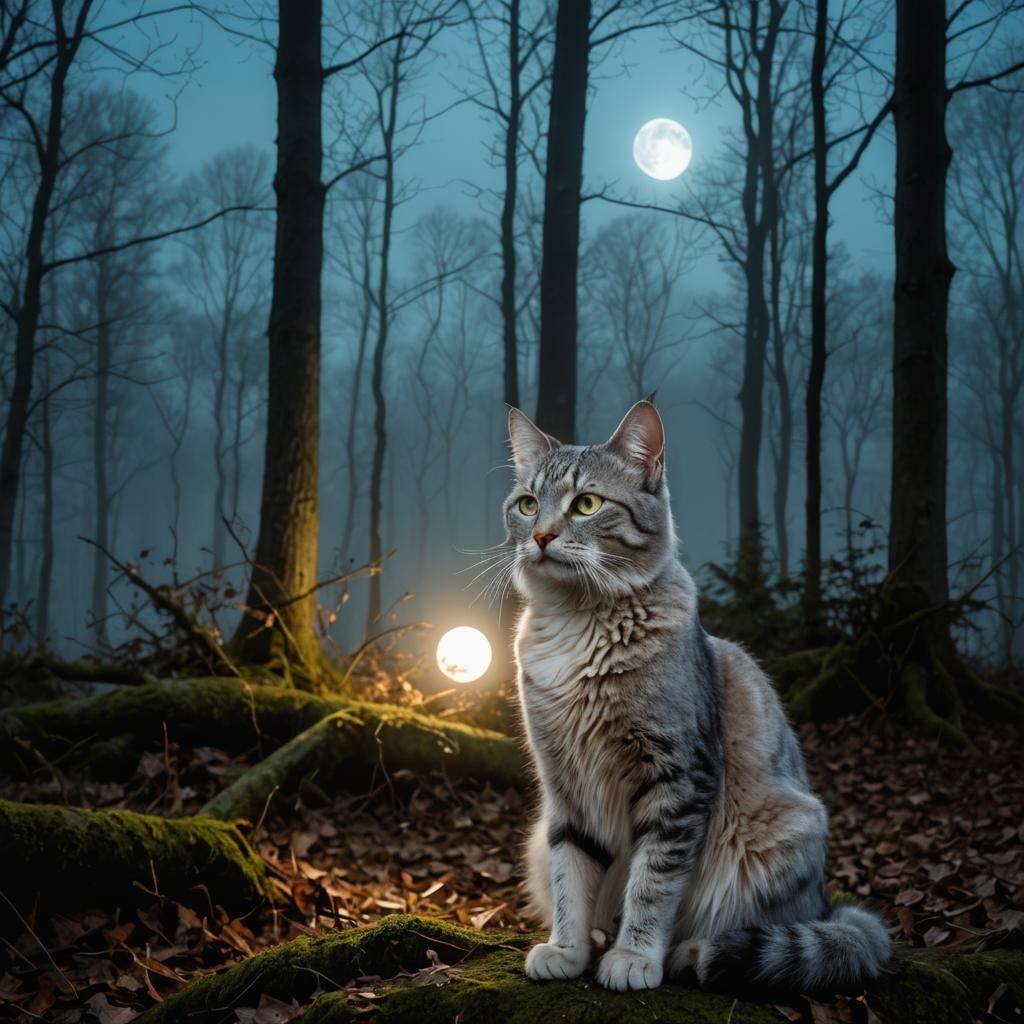 Ghost Cat in Forest with Cyan Moonlight