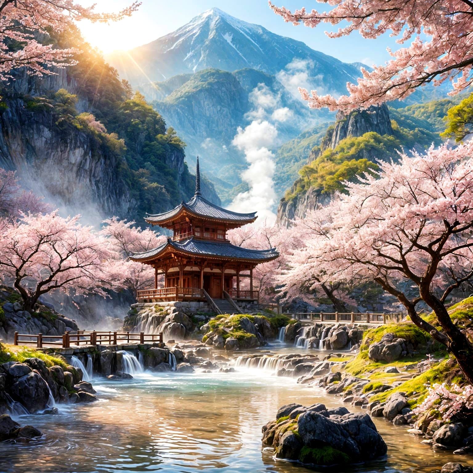 Cherry Blossoms Frame Serene Mountain Hot Springs