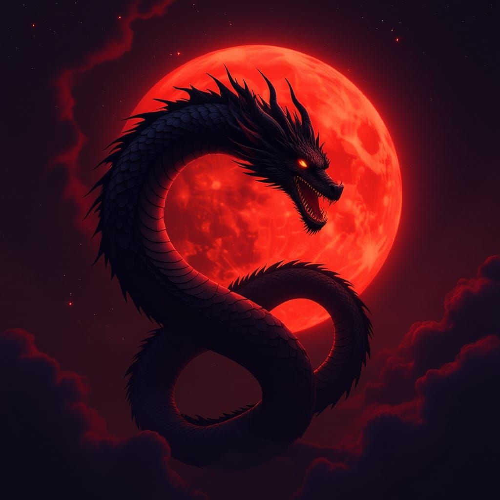 Nebula Dragon Coiled Around Glowing Moon in Cosmic Void