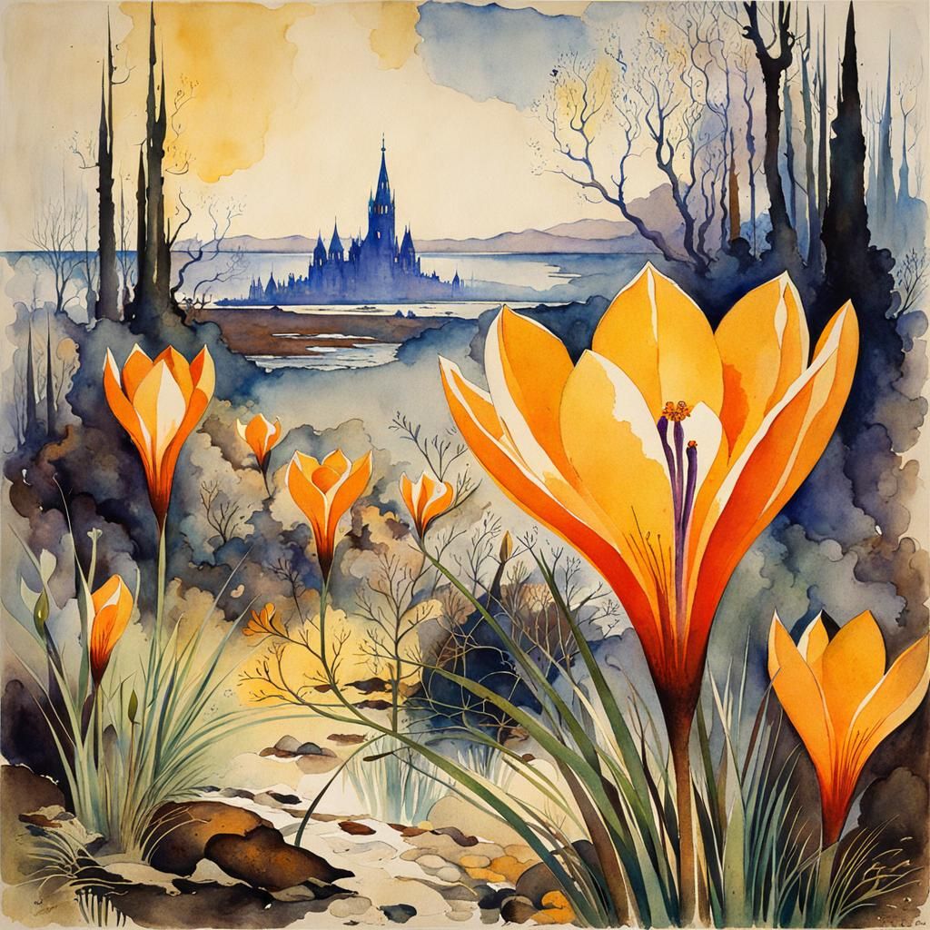 Watercolor Crocus Flowers and Maiden on Parchment