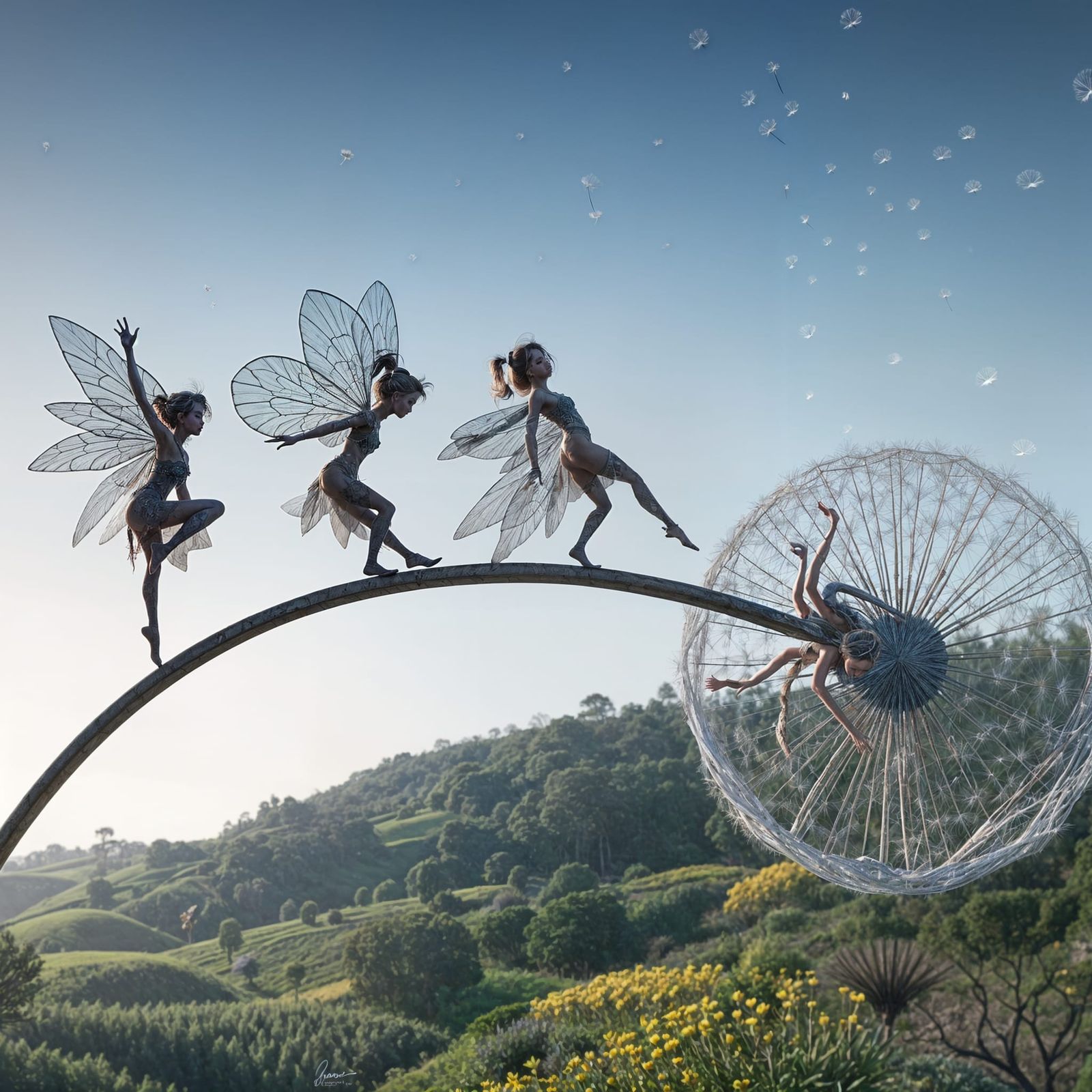 Fairies dancing on a dandelion