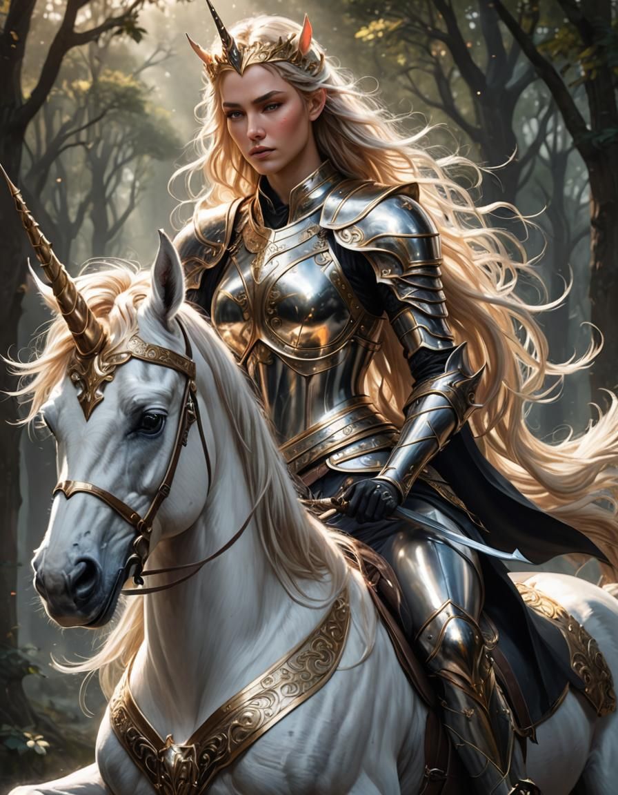 Elven Knight on Unicorn: Hyperdetailed Fantasy Art