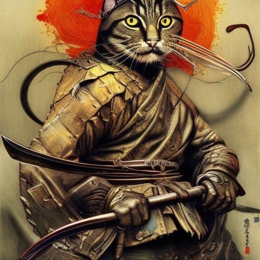 Samurai Cat Power Metal Album Cover in Dürer Style