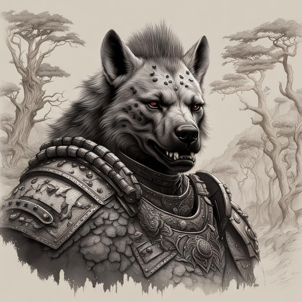 Hyena-Headed Gnoll in Detailed Line Drawing
