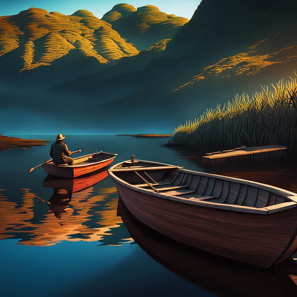 Fisherman in Boat on Lake: Pre-Raphaelite Style