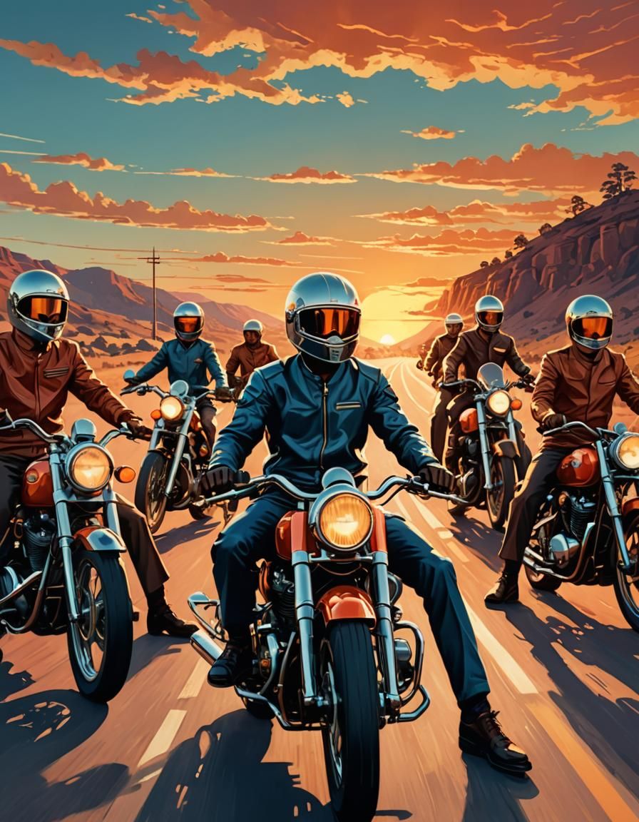 Classic Motorcycles at Sunset in Retro-Futuristic Style