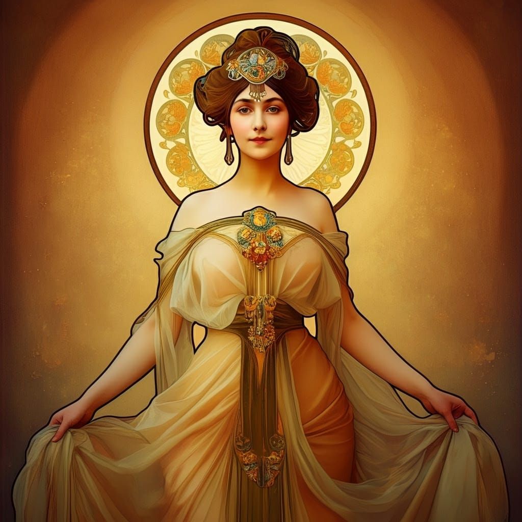 Elegant Woman in Golden Light, Art Nouveau Style