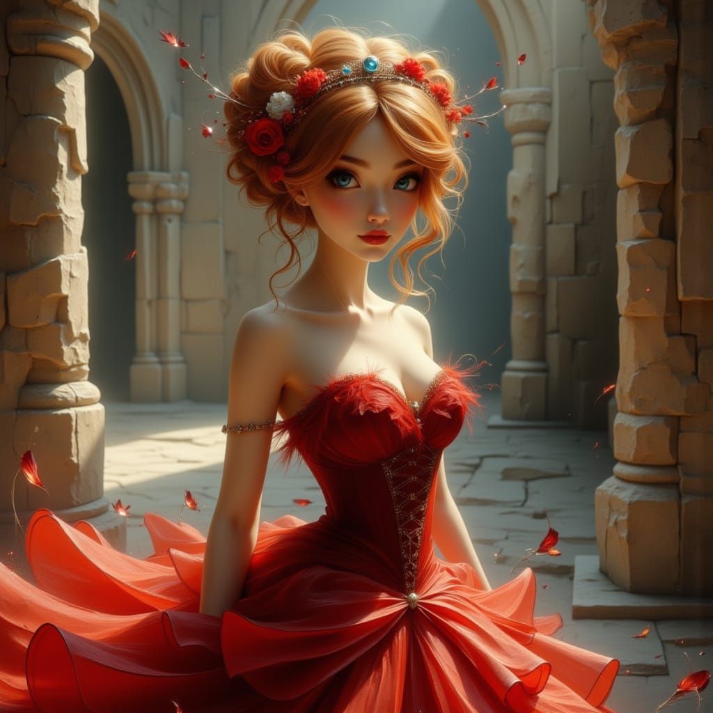 Elegant Princess Ruby in Castle Courtyard