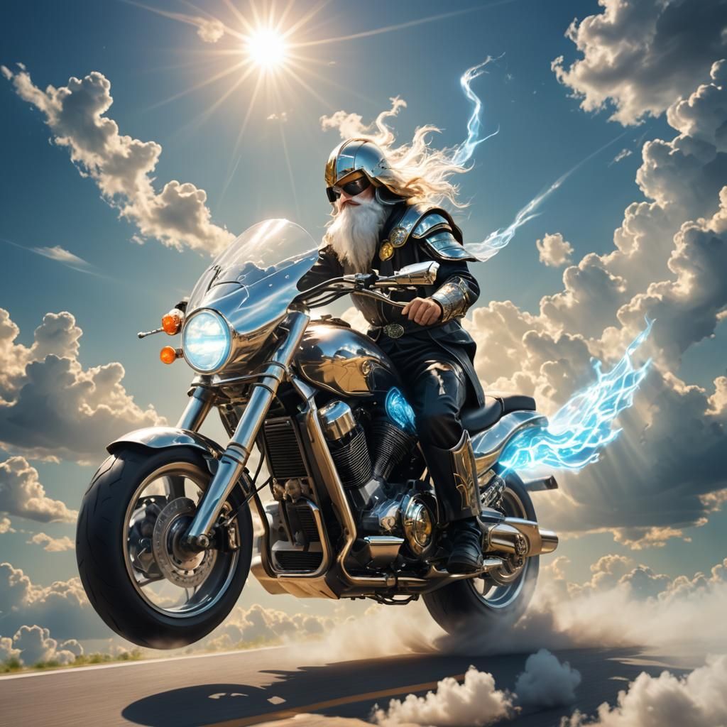 Wizard on Futuristic Motorcycle in Divine Light