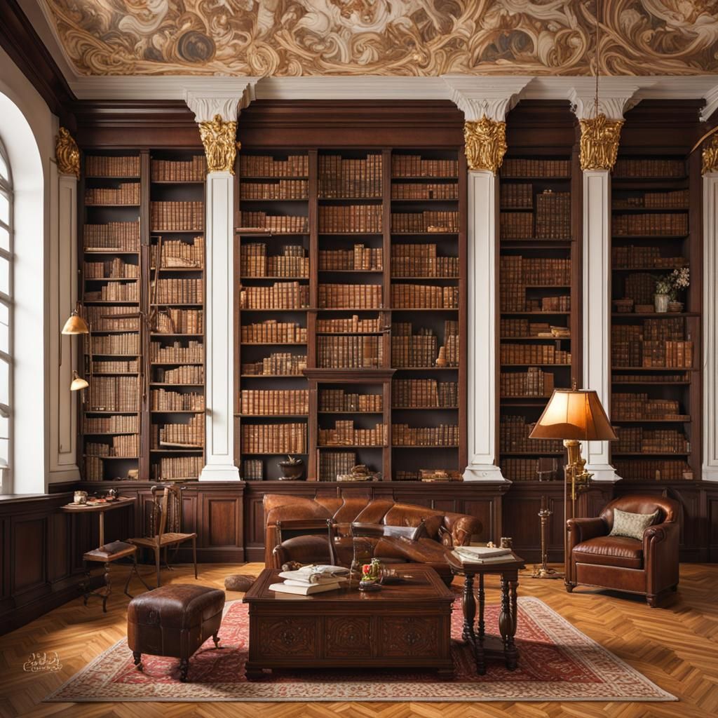 Gothic Library with Woman in Gown, Matte Painting