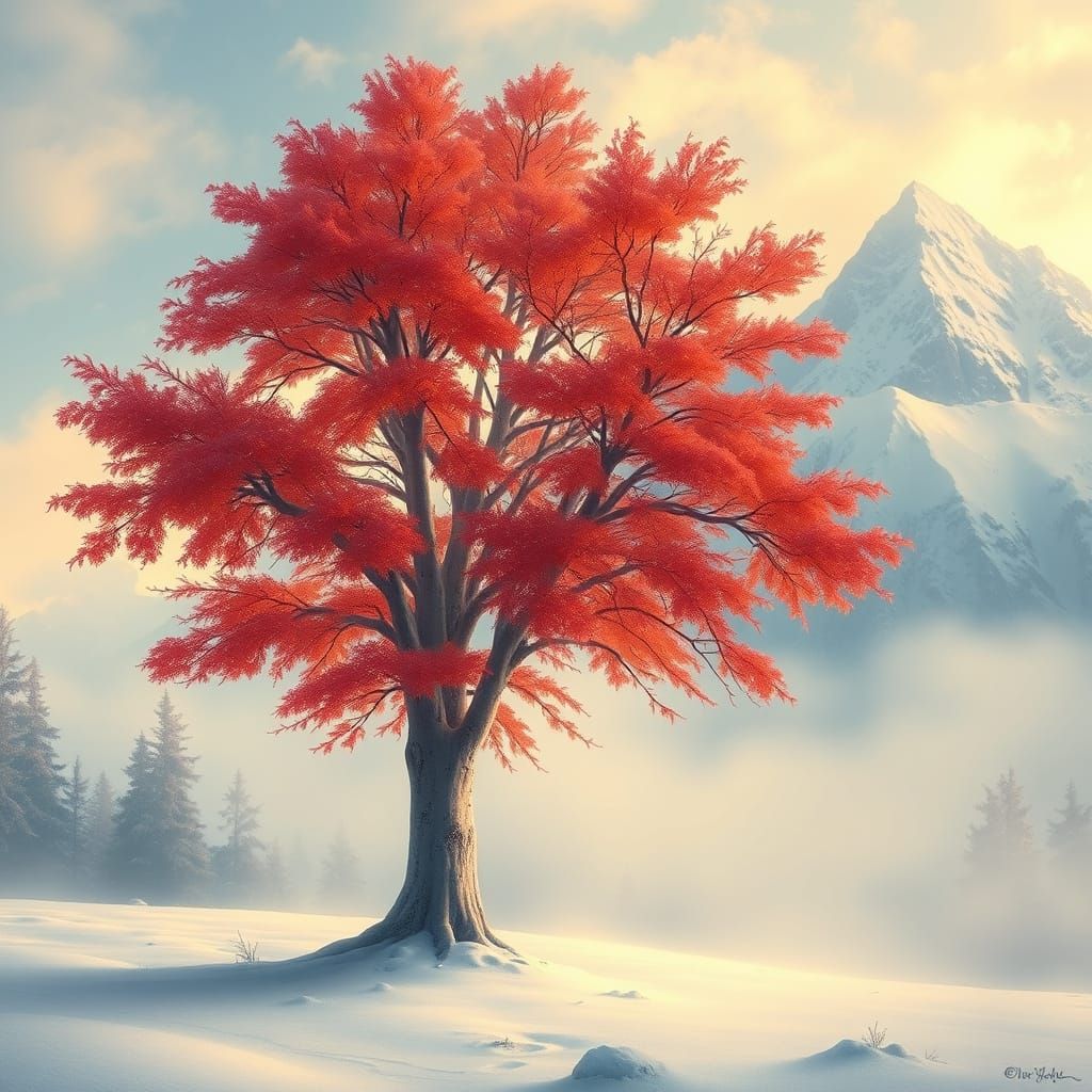 Winter Tree in Golden Light, Snowy Mountain Landscape