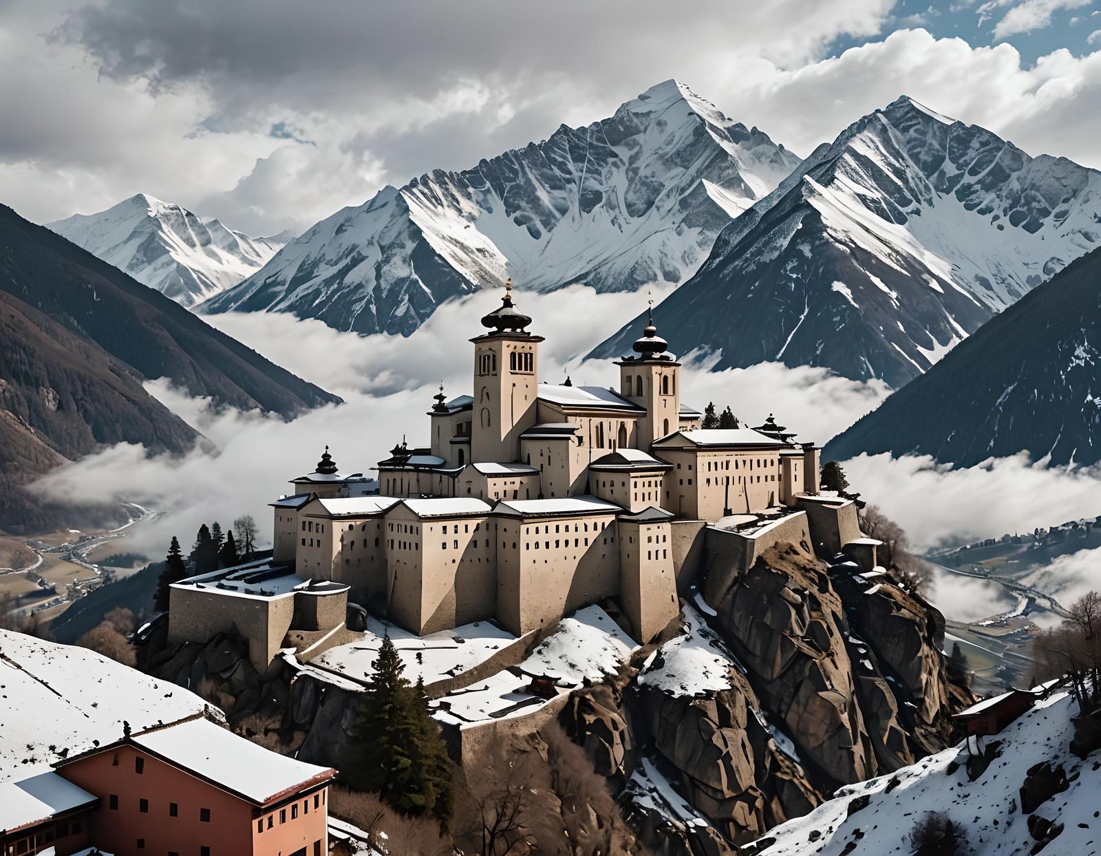 Mountain Monastery Amidst Clouds and Peaks
