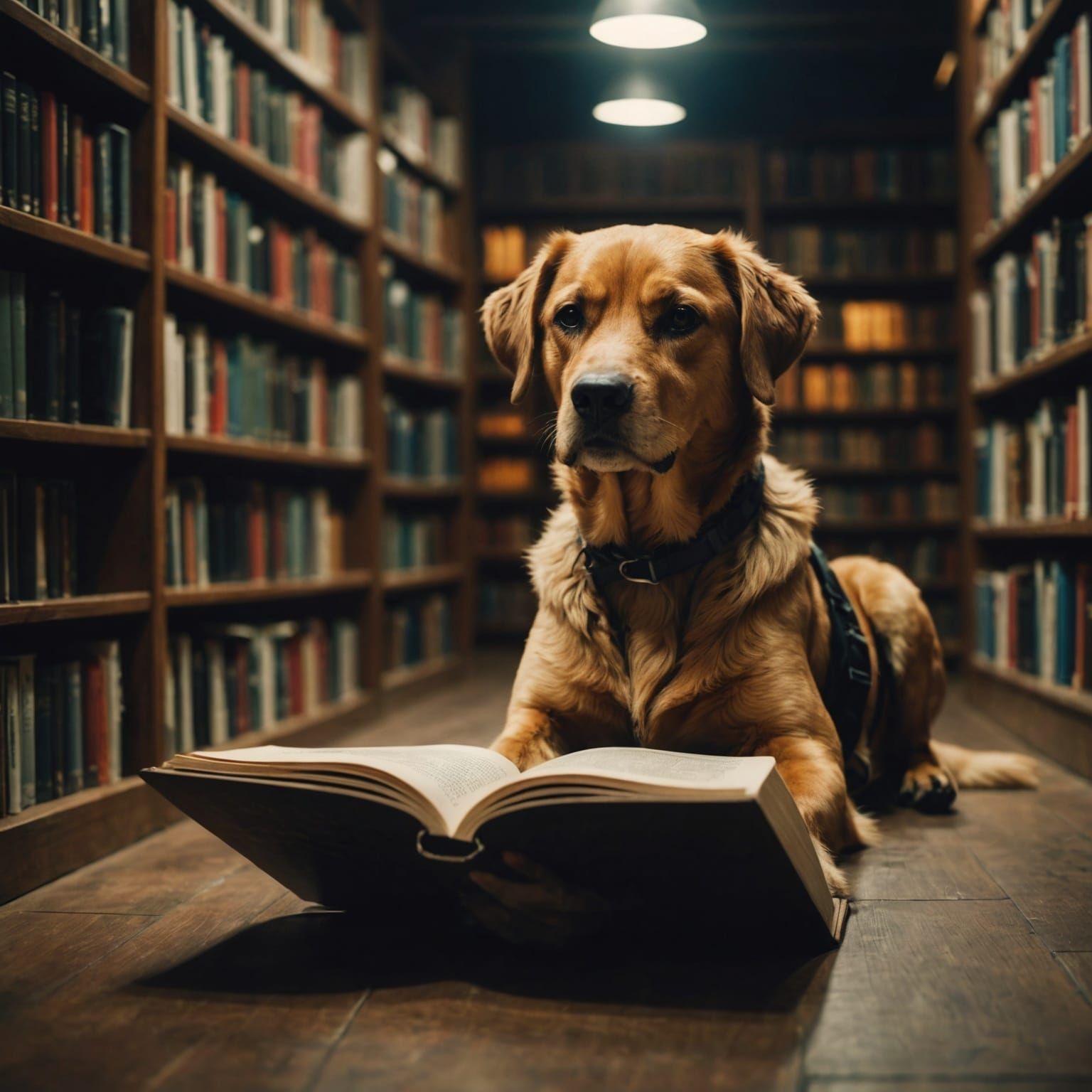 Dog Reads Book in Library: Cinematic Film Still