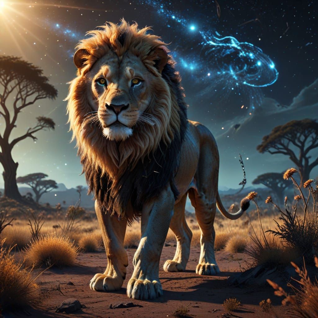 Majestic Lion on Alien Savanna in Hyperrealistic Digital Art