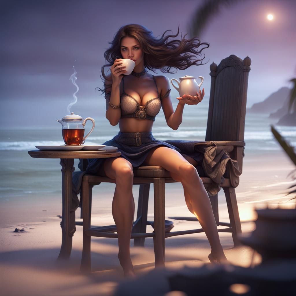 Woman Sipping Tea on Beach: Dark Fantasy Art