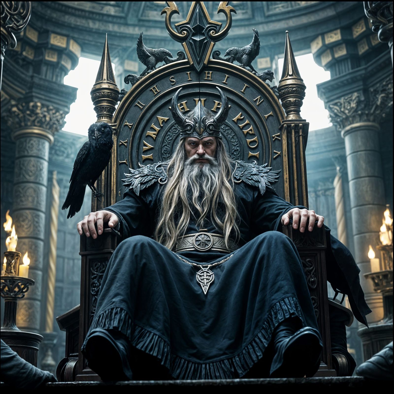 Norse God Odin Reigns from Majestic Throne in Asgard