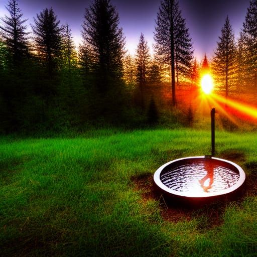 Glowing Well in a Green Forest at Sunset