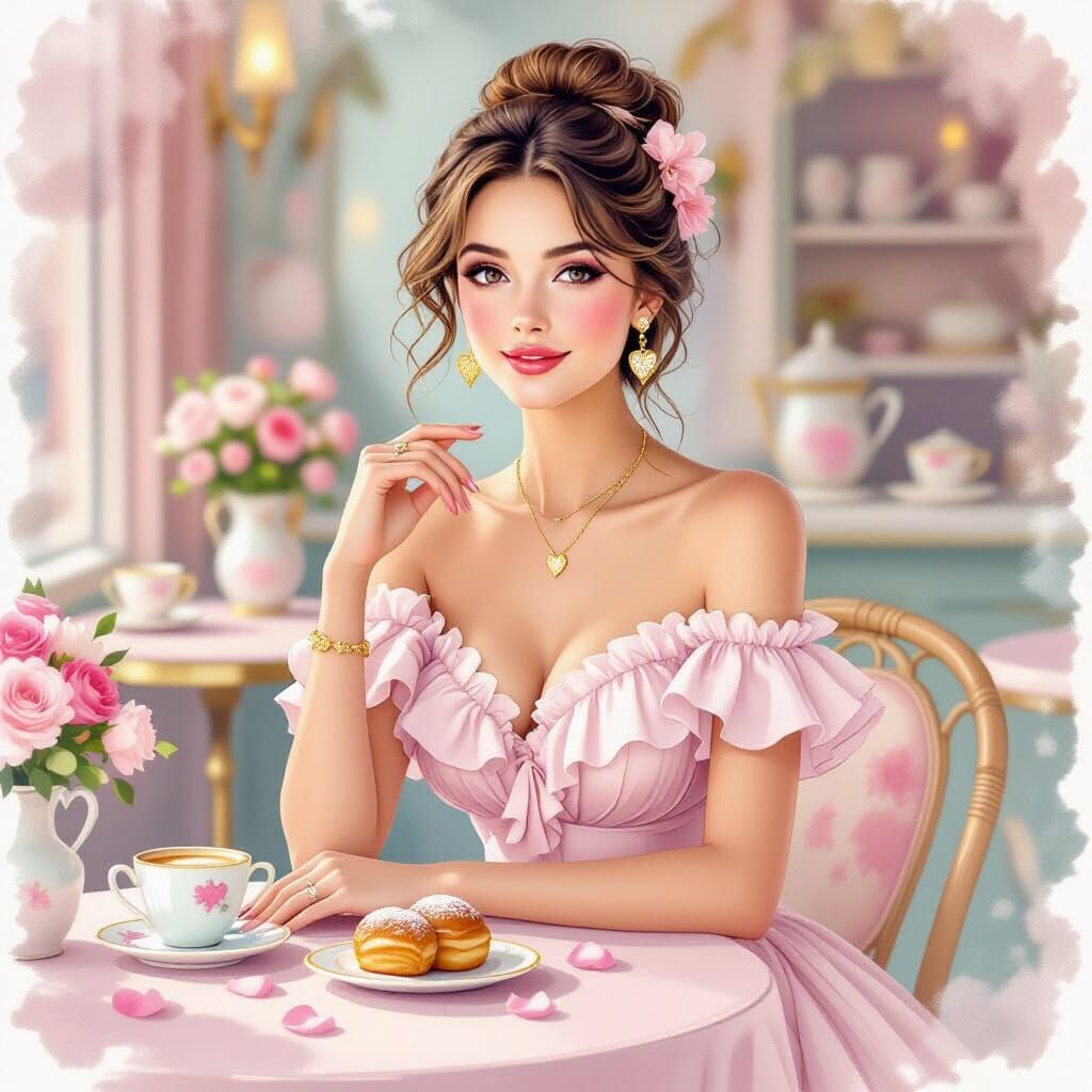 Elegant Woman at Café: Watercolor Illustration