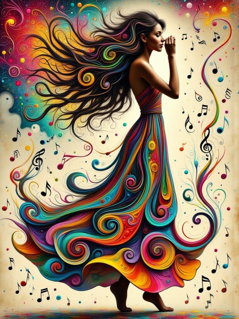 Woman Dancing with Musical Notes in Surreal Style