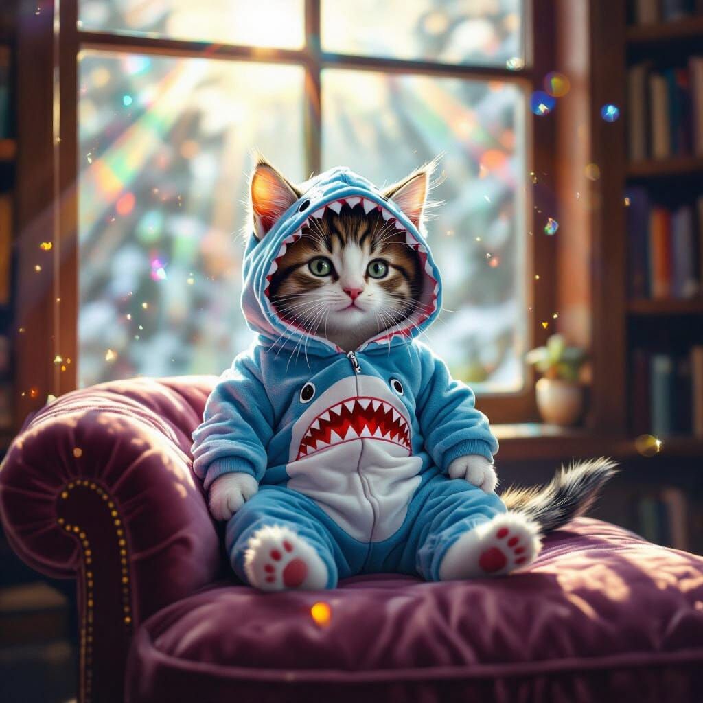 Snowshoe Kitten in Shark Onesie in Cozy Library