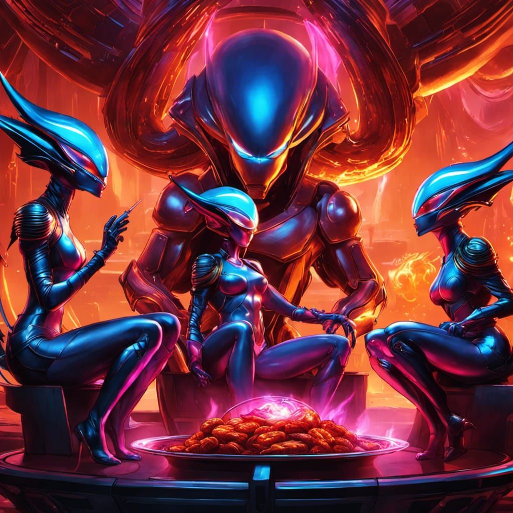 Galganoid princess and friends sit by a molten comic plasma ...