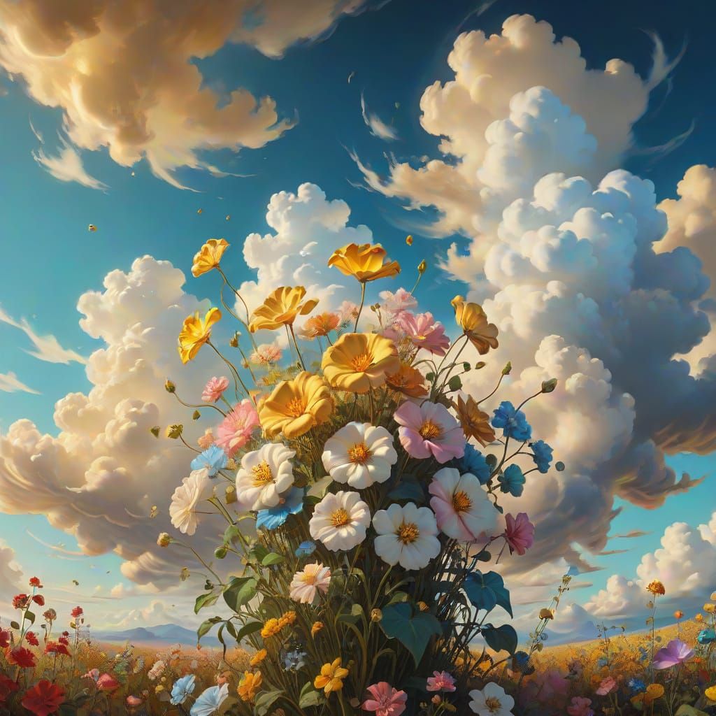 Surreal Clouds Bloom with Flowers in Dreamlike Scene