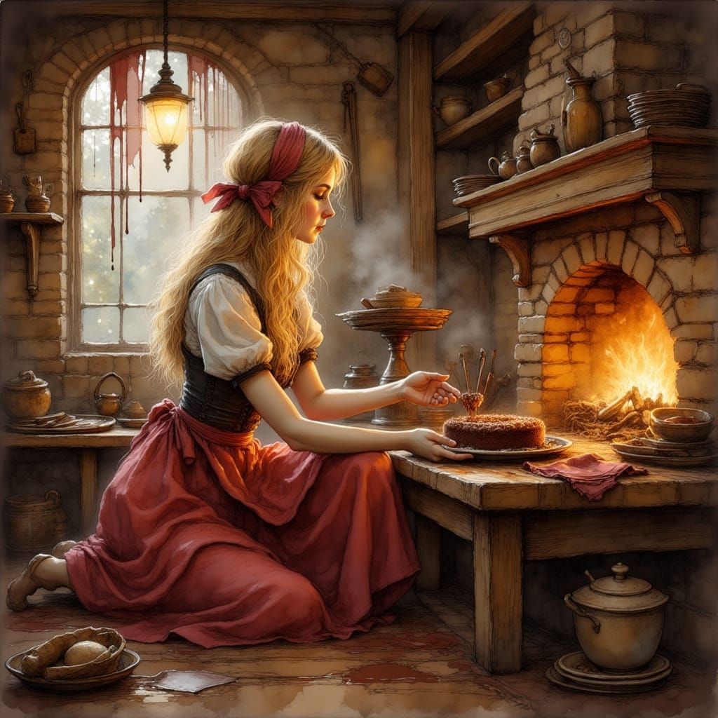 Medieval Baker Girl Baking Chocolate Cake in Cozy Kitchen