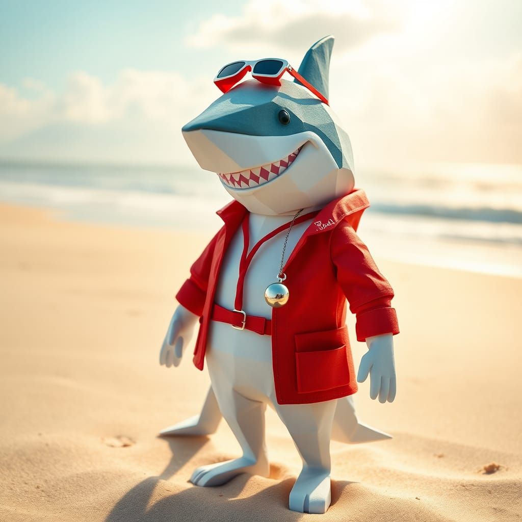 Lifeguard Shark on Beach in Papercraft Style