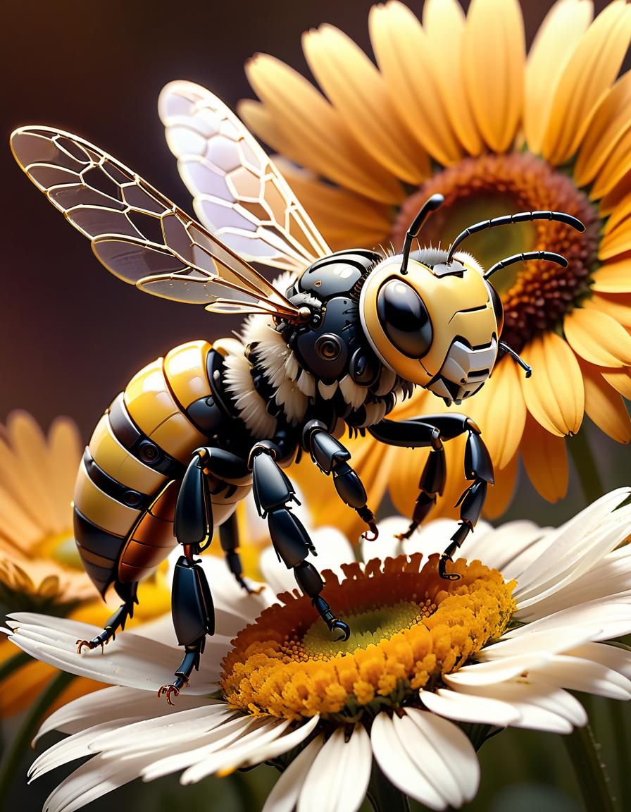 Robotic Bee on Daisy, Fantasy Illustration