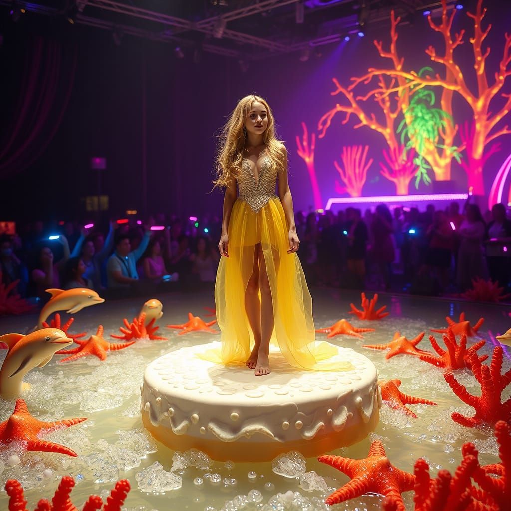 Whimsical Concert Scene with Woman on Cake Platform