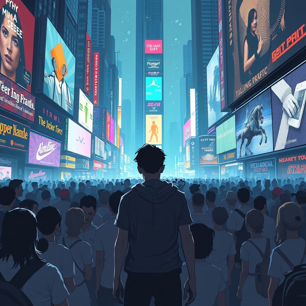 Dystopian Cityscape of Mass Consumerism in Neon-Lit Futurism