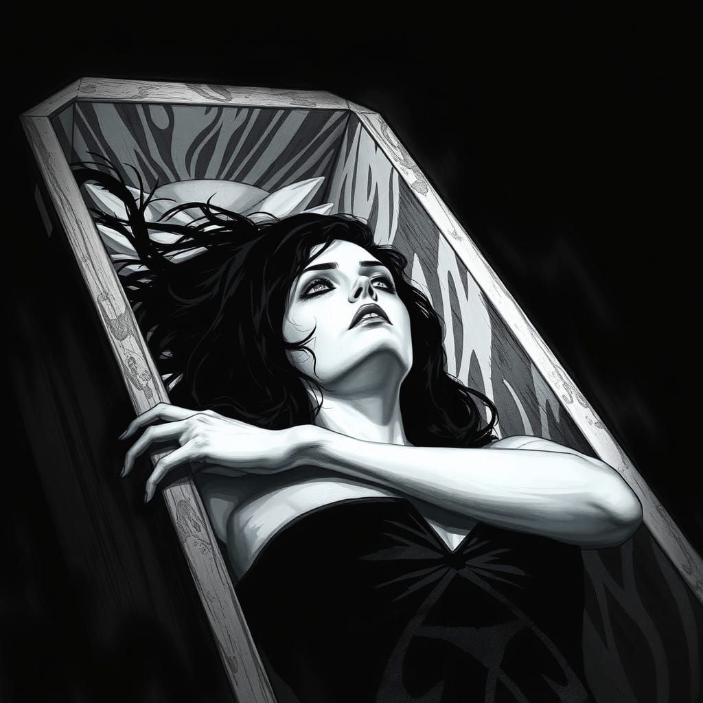 Ethereal Female Vampire Awakens in Black and White