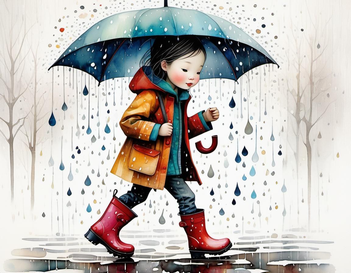 Toddler in Rain Boots: Whimsical Illustrated Scene