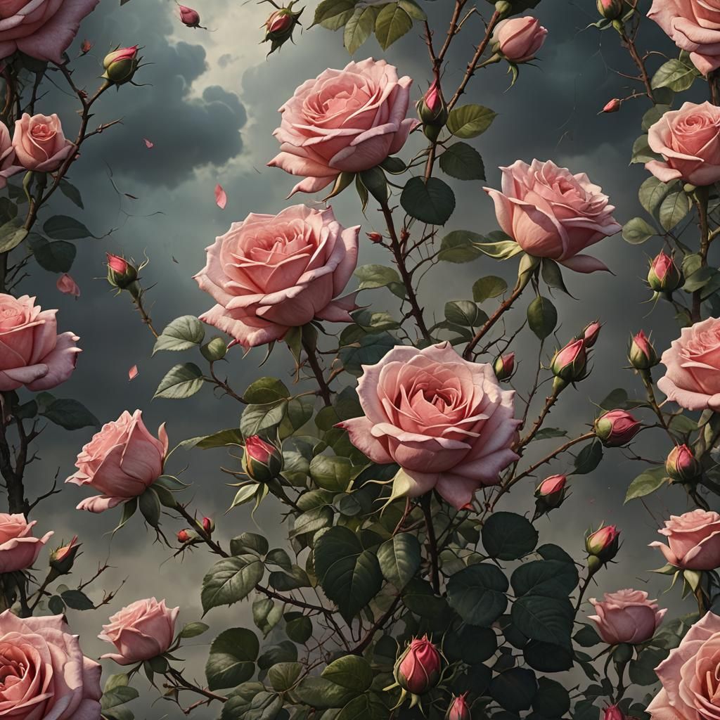 Dramatic Rose with Buds Digital Painting