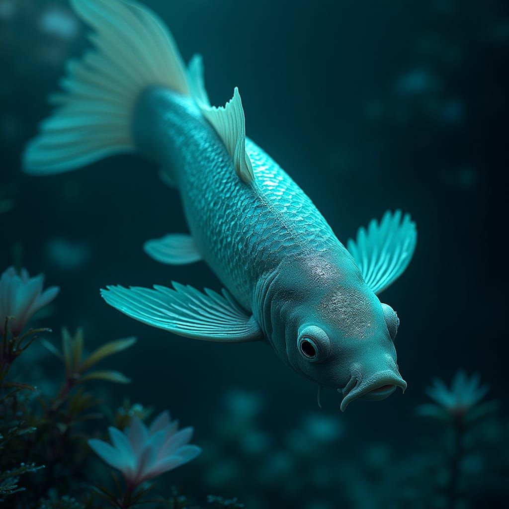 Surreal Bioluminescent Koi Fish in Ethereal Underwater Garde...