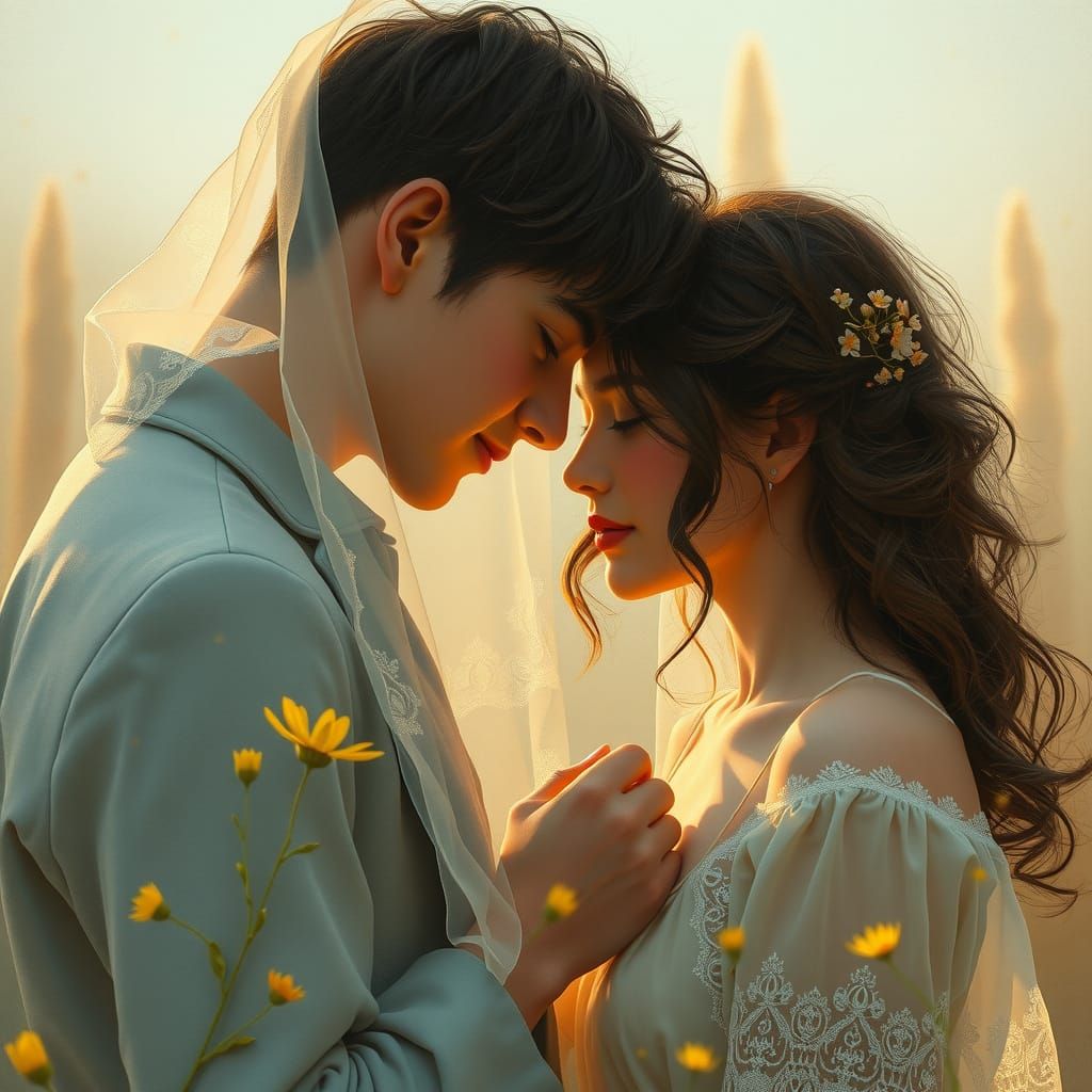 Tender Intimacy in a Whimsical Dreamlike Scene