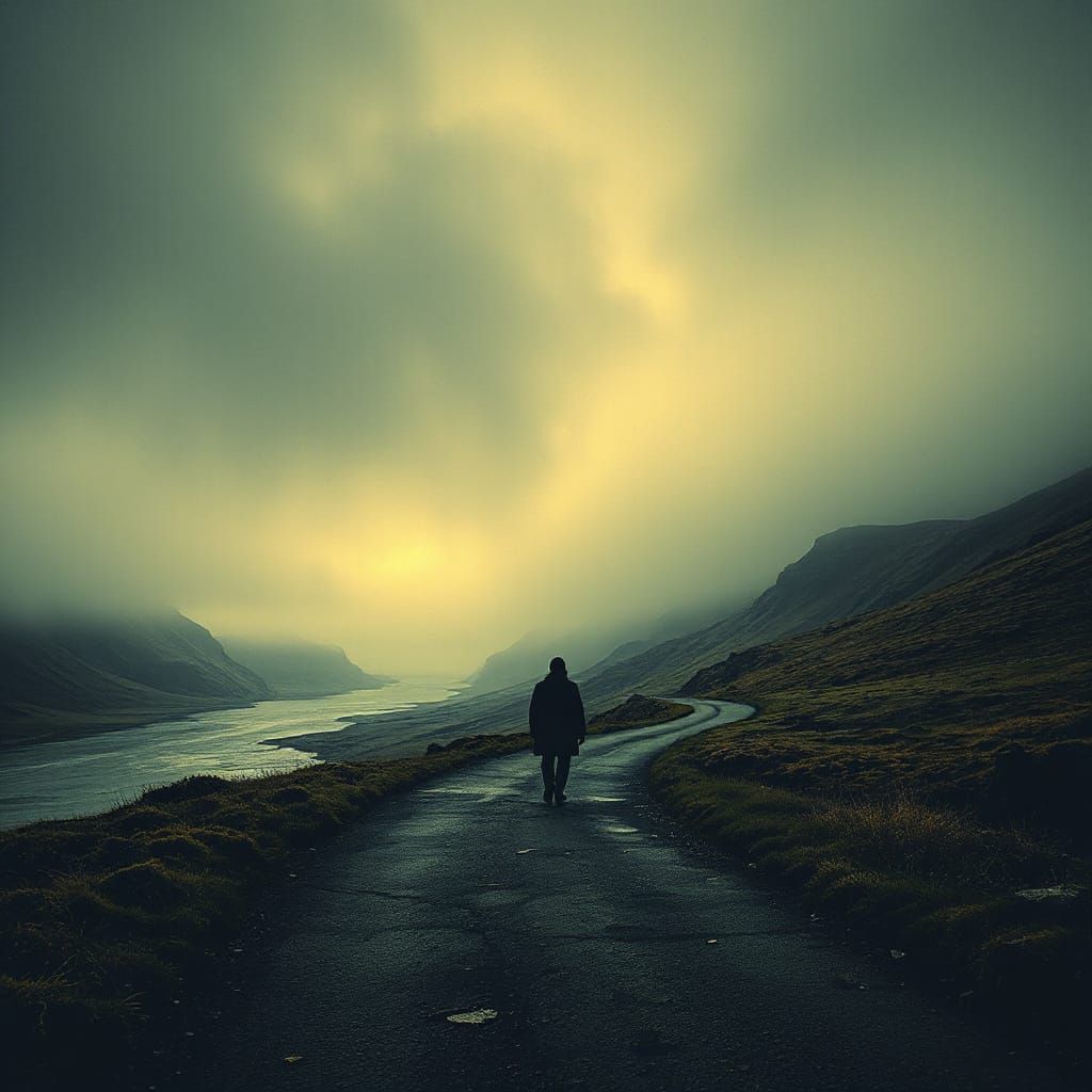 Lone Figure on Dark Road in Ghostly Mist