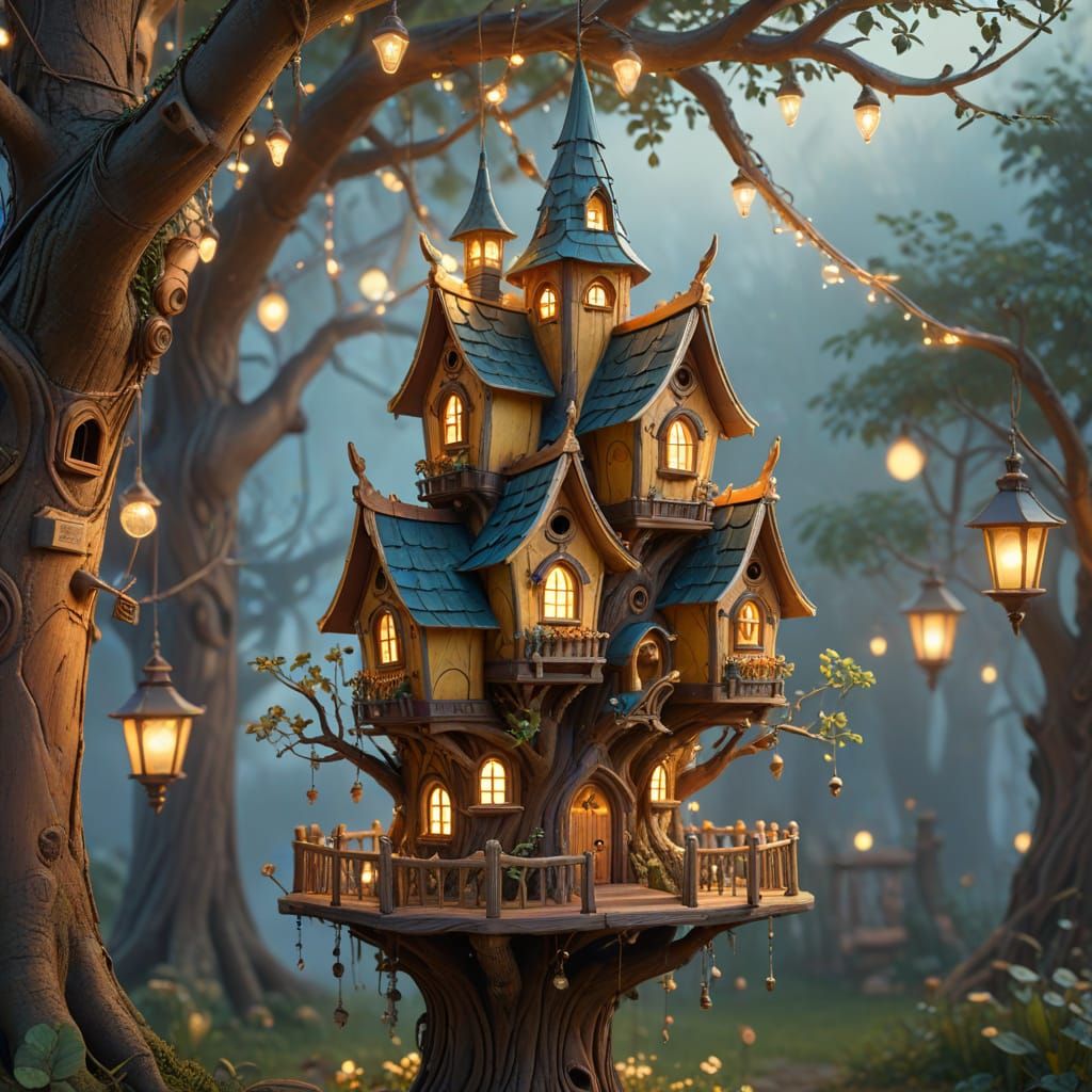 Whimsical Birdhouse Mansions in Fantasy Art Style