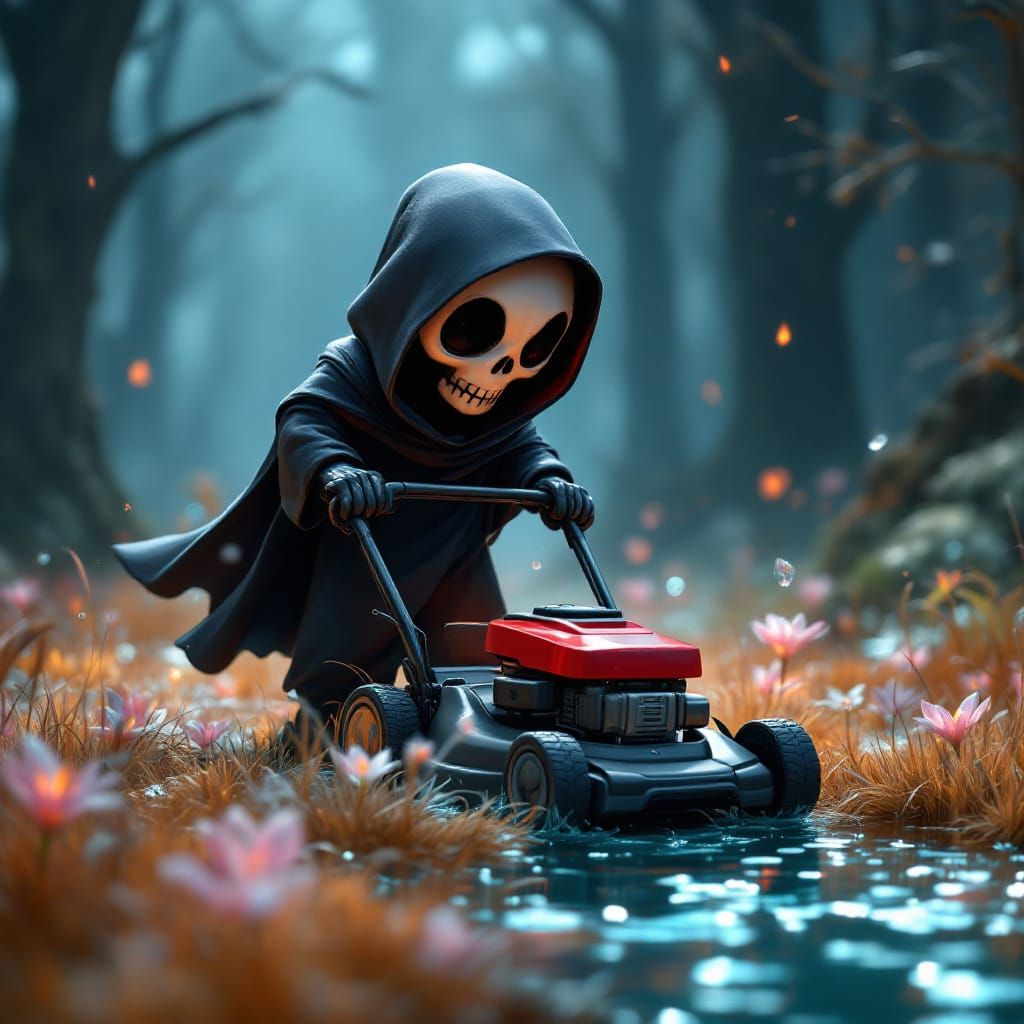 Cartoon Grim Reaper Mowing Glass Lillies