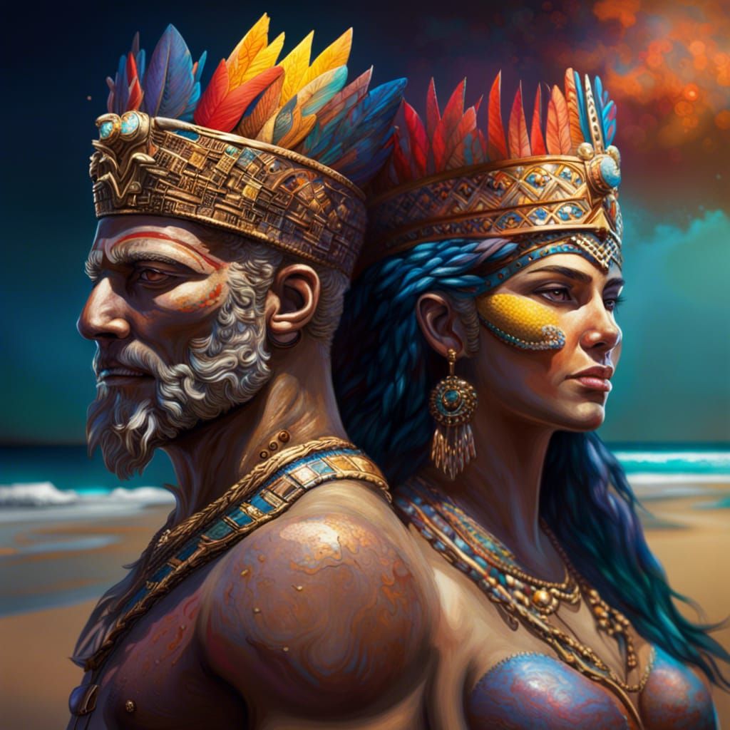 Hyperrealistic Sumerian Royalty on a Beach