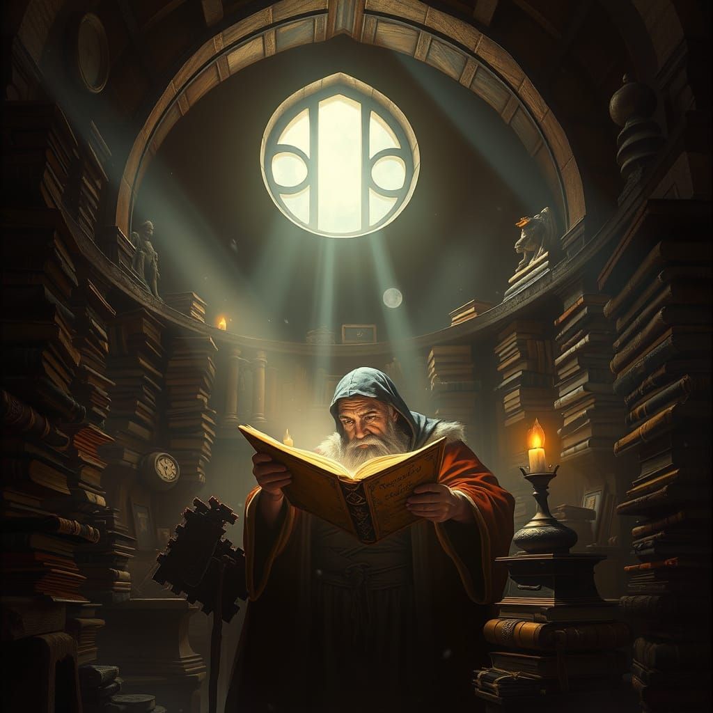 Scholar Poring Over Glowing Manuscript in Dark Fantasy Libra...