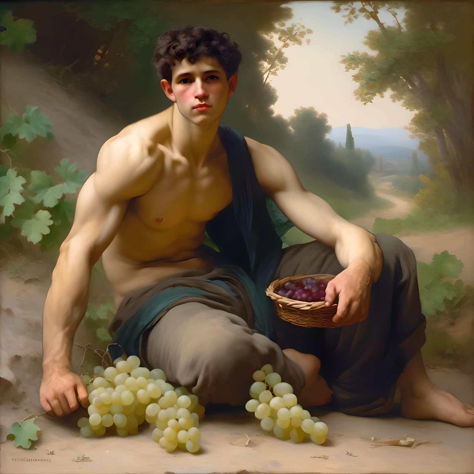 Man Eating Grapes in Bouguereau Style Oil Painting
