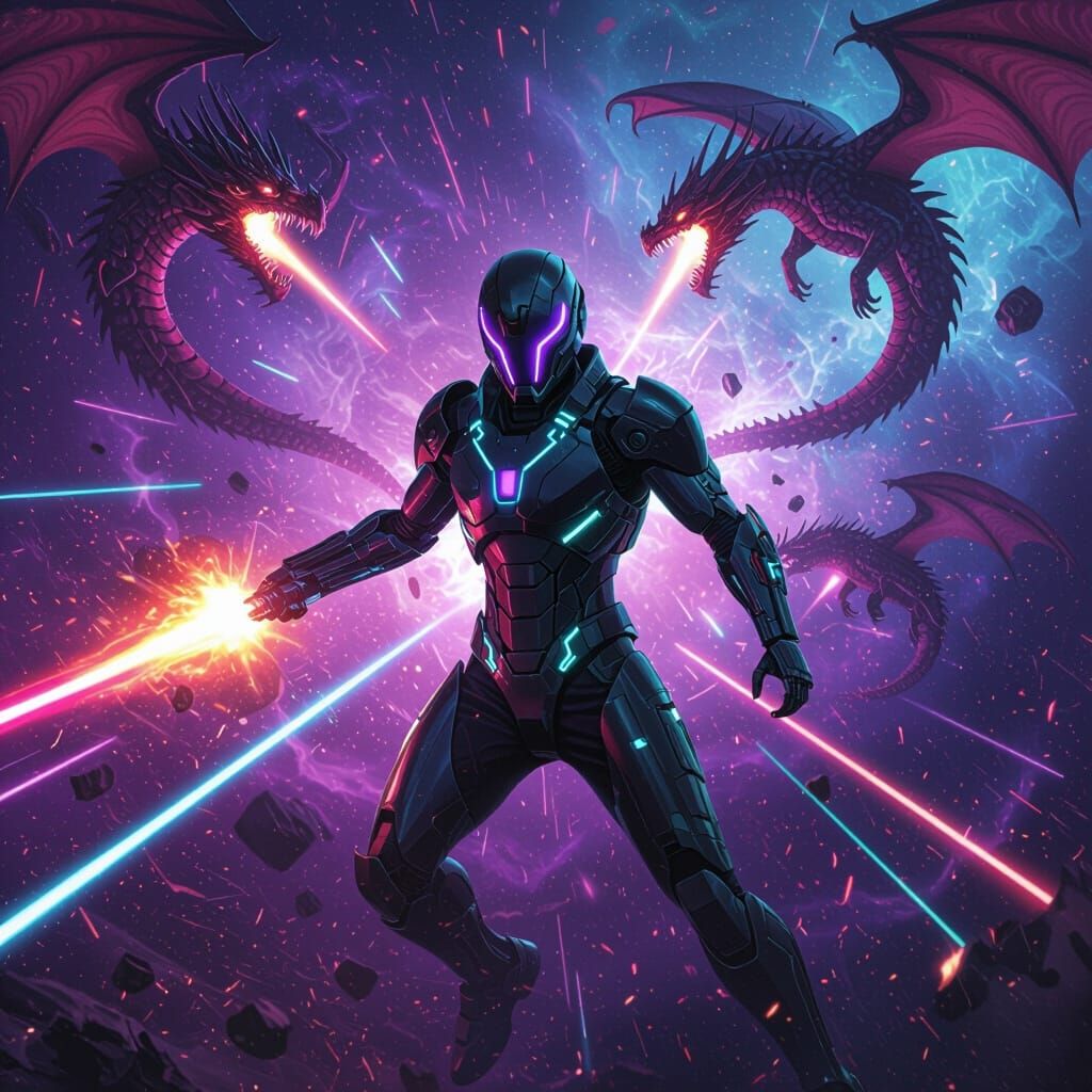 Cyborg Warrior Battles Exploding Dragons in Nebula