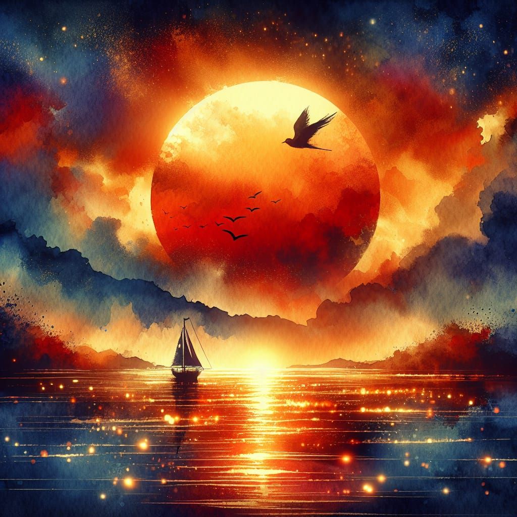 Sailboat Silhouette at Sunset: Digital Watercolor Art