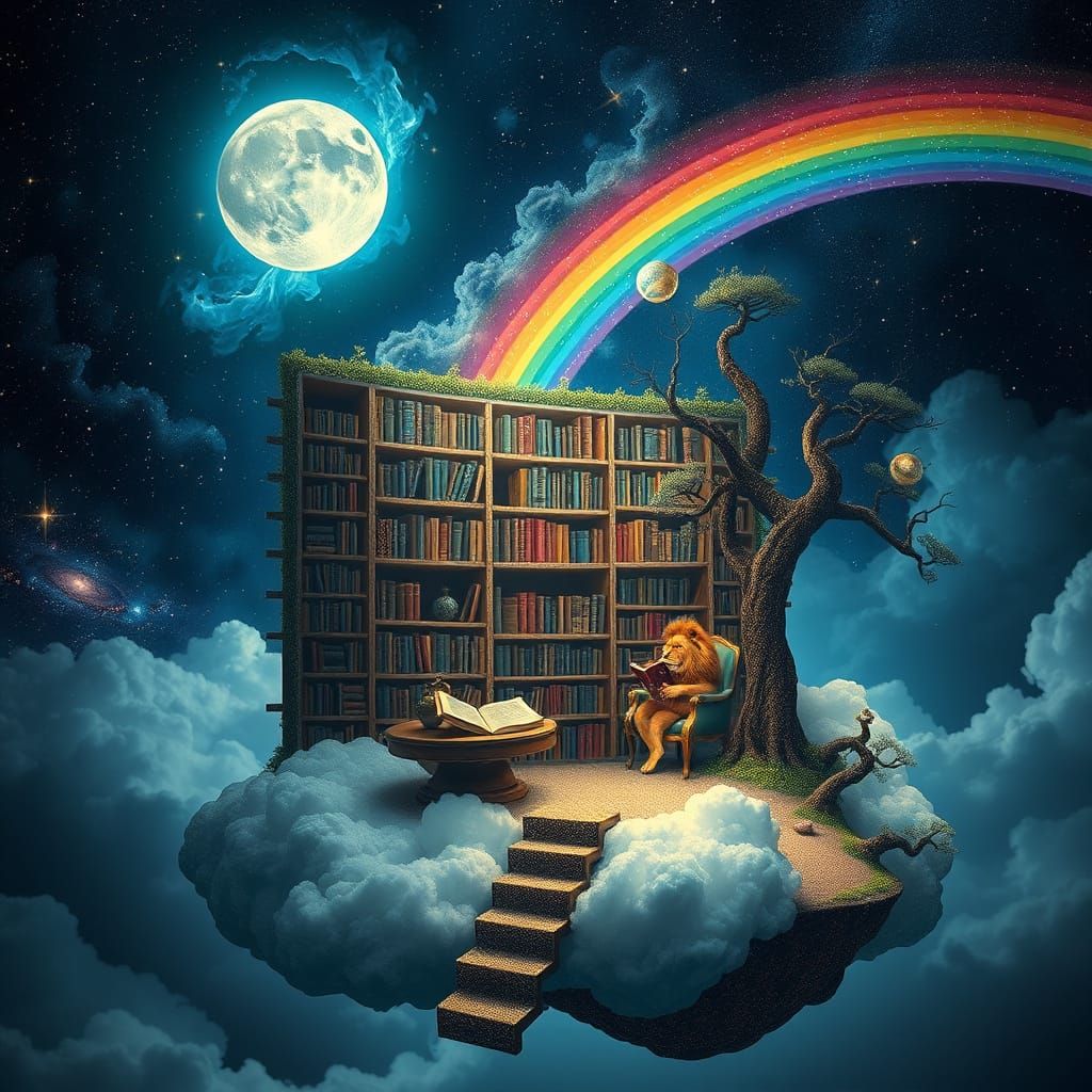 Surreal Cosmic Library Scene in a Dreamlike Fantasy Aestheti...