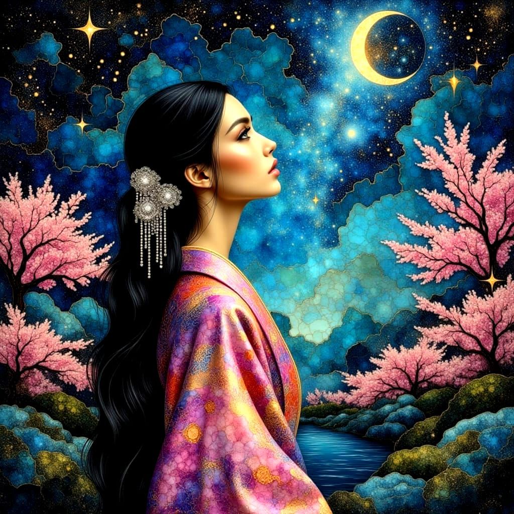 Ethereal Goddess Contemplating Celestial Wonders in a Japane...